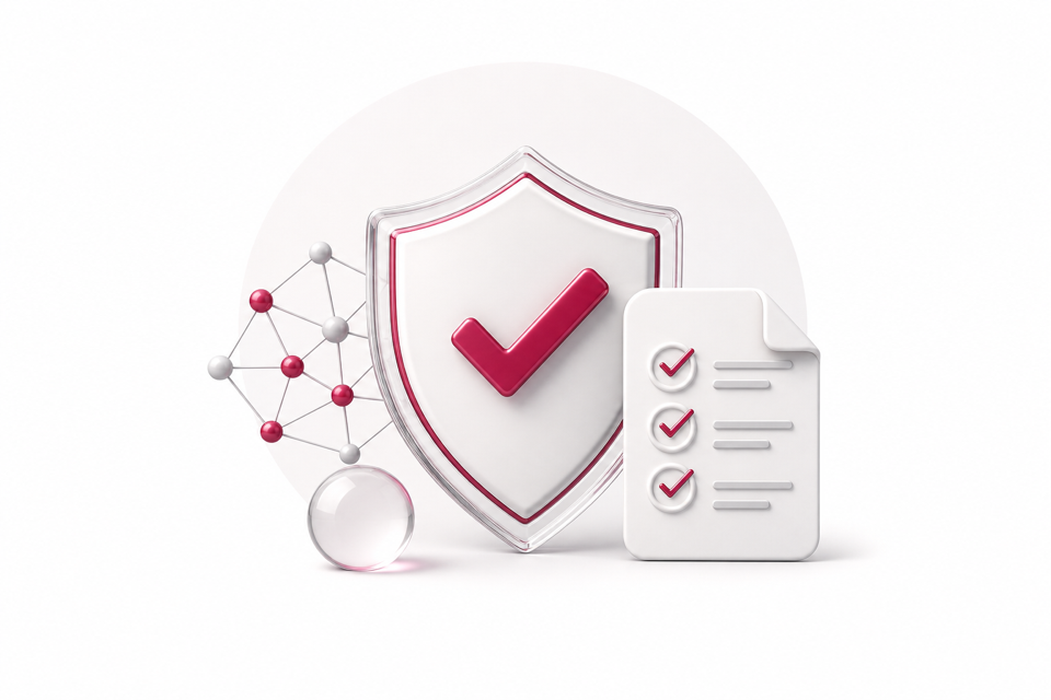 Ilustración de un escudo de cumplimiento, una red de inteligencia artificial y una lista de verificación