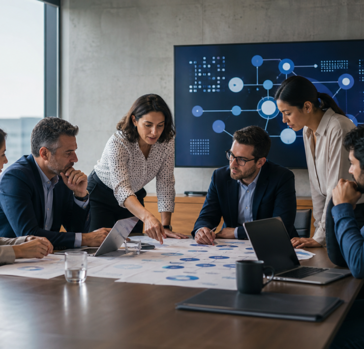 Equipo directivo español rediseñando procesos empresariales con inteligencia artificial