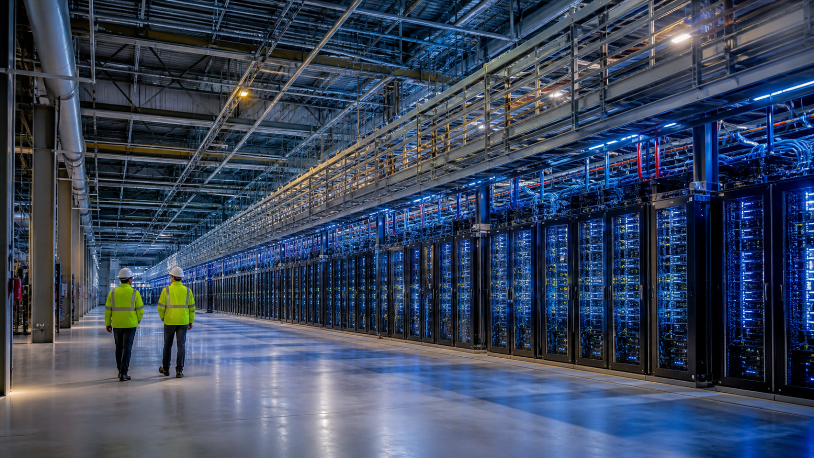 Dos ingenieros recorren una gran instalación europea de supercomputación con filas de servidores para inteligencia artificial