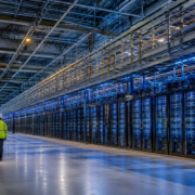 Dos ingenieros recorren una gran instalación europea de supercomputación con filas de servidores para inteligencia artificial