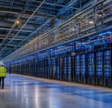Dos ingenieros recorren una gran instalación europea de supercomputación con filas de servidores para inteligencia artificial