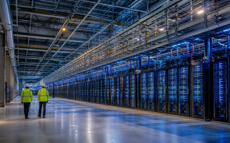 Dos ingenieros recorren una gran instalación europea de supercomputación con filas de servidores para inteligencia artificial