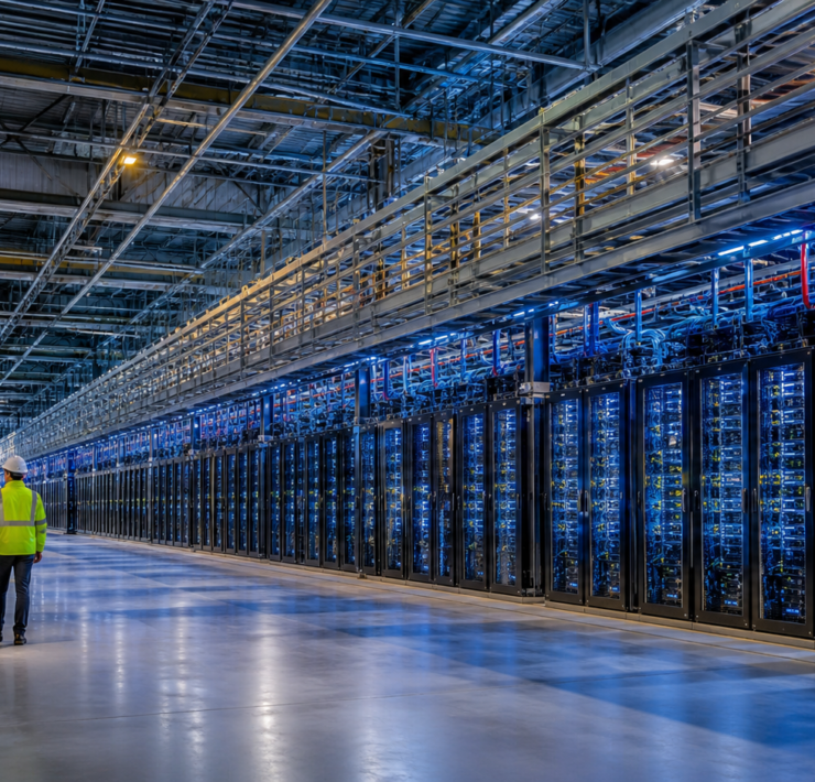 Dos ingenieros recorren una gran instalación europea de supercomputación con filas de servidores para inteligencia artificial