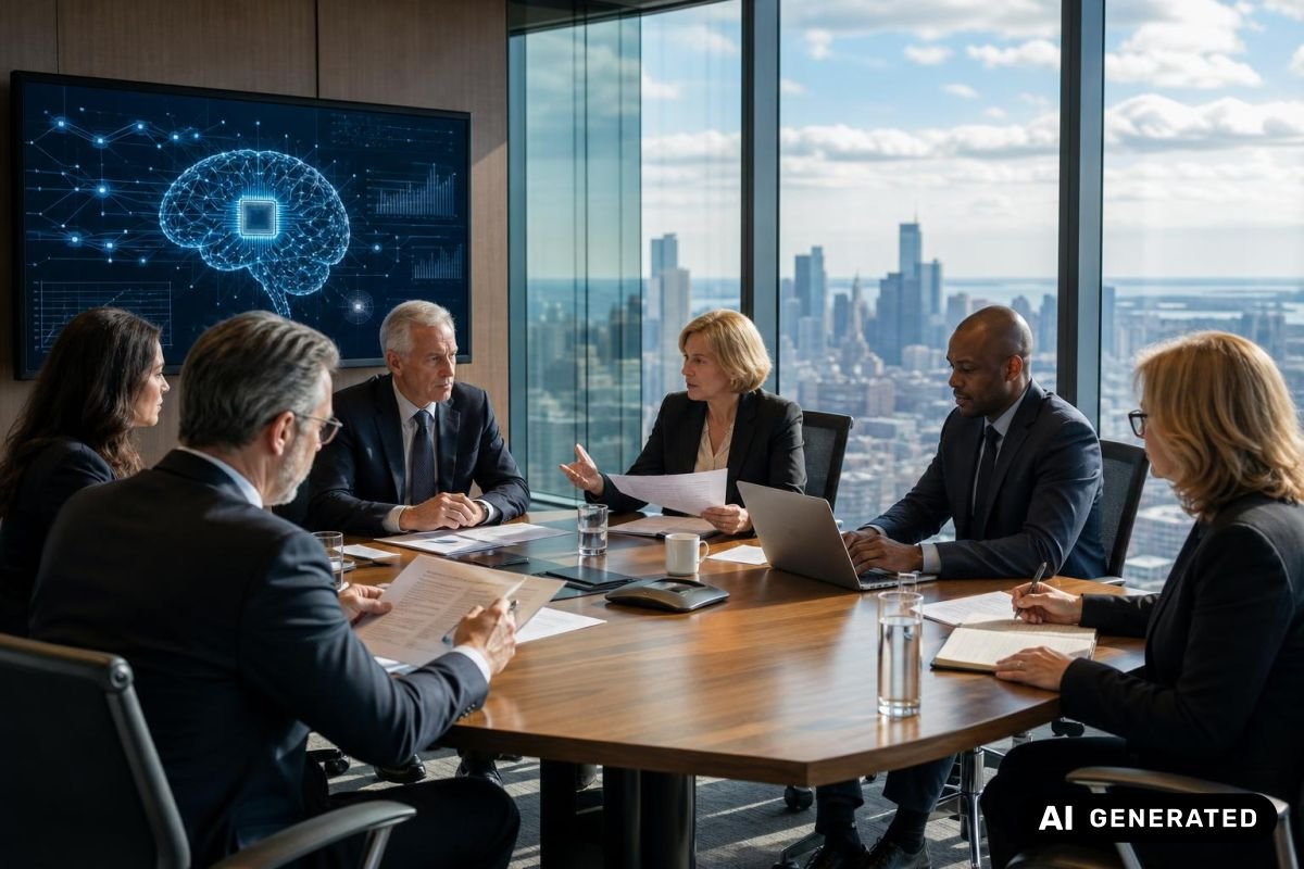 Imagen generada con IA que muestra una sala de juntas corporativa moderna con ejecutivos analizando documentos y gráficos sobre inteligencia artificial.