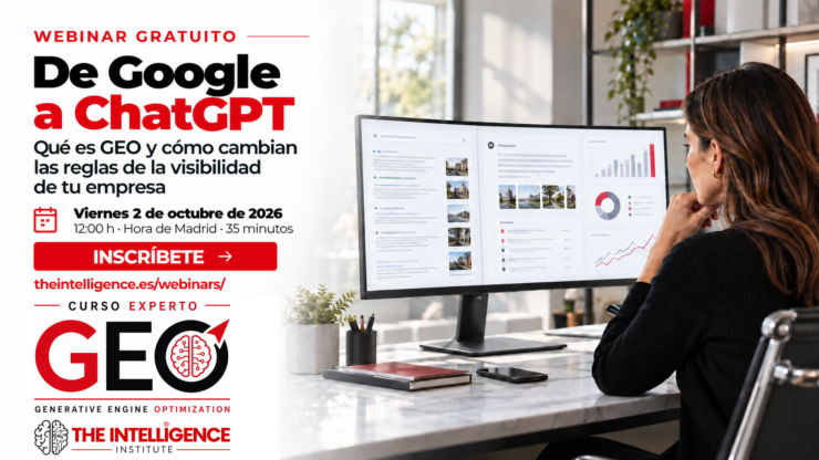 Webinar GEO De Google a ChatGPT, 2 de octubre de 2026 a las 12:00 de Madrid. Logos originales GEO y THE INTELLIGENCE INSTITUTE al mismo ancho.
