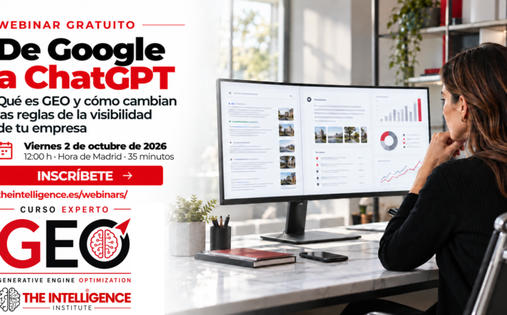 Webinar GEO De Google a ChatGPT, 2 de octubre de 2026 a las 12:00 de Madrid. Logos originales GEO y THE INTELLIGENCE INSTITUTE al mismo ancho.