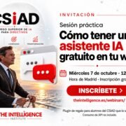 Webinar Cómo tener un asistente IA gratuito en tu web. Directivo al timón y gran ilustración de chat IA. 7 de octubre a las 12:00 h de Madrid.