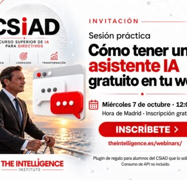 Webinar Cómo tener un asistente IA gratuito en tu web. Directivo al timón y gran ilustración de chat IA. 7 de octubre a las 12:00 h de Madrid.