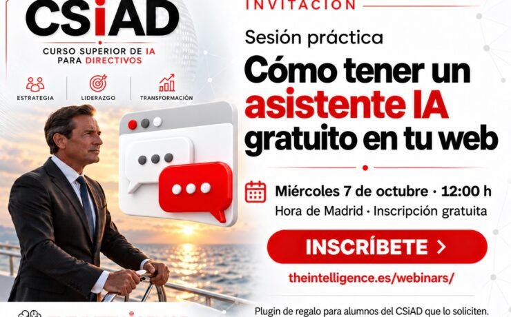 Webinar Cómo tener un asistente IA gratuito en tu web. Directivo al timón y gran ilustración de chat IA. 7 de octubre a las 12:00 h de Madrid.