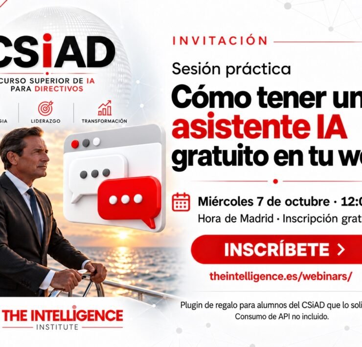 Webinar Cómo tener un asistente IA gratuito en tu web. Directivo al timón y gran ilustración de chat IA. 7 de octubre a las 12:00 h de Madrid.