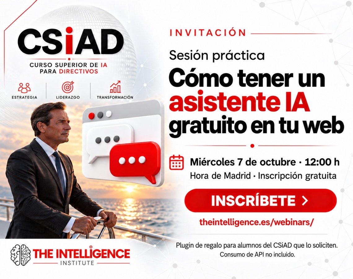 Webinar Cómo tener un asistente IA gratuito en tu web. Directivo al timón y gran ilustración de chat IA. 7 de octubre a las 12:00 h de Madrid.