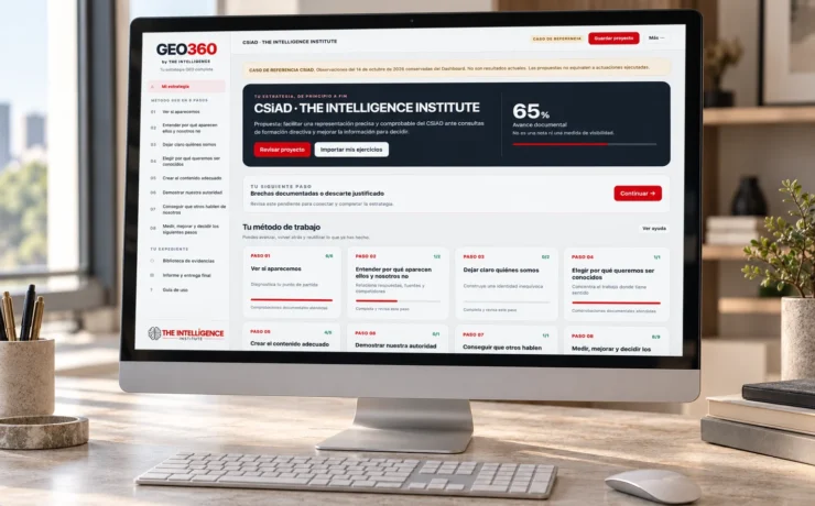GEO360 by THE INTELLIGENCE en la pantalla de un ordenador, con el caso CSiAD y el Método GEO en 8 pasos.