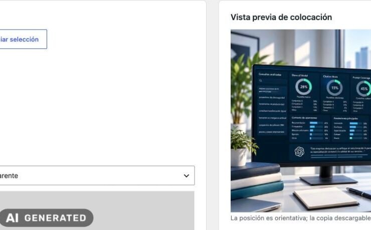 Panel de Watermarking by The Intelligence en WordPress con controles de etiquetado y vista previa de una imagen identificada como AI GENERATED.
