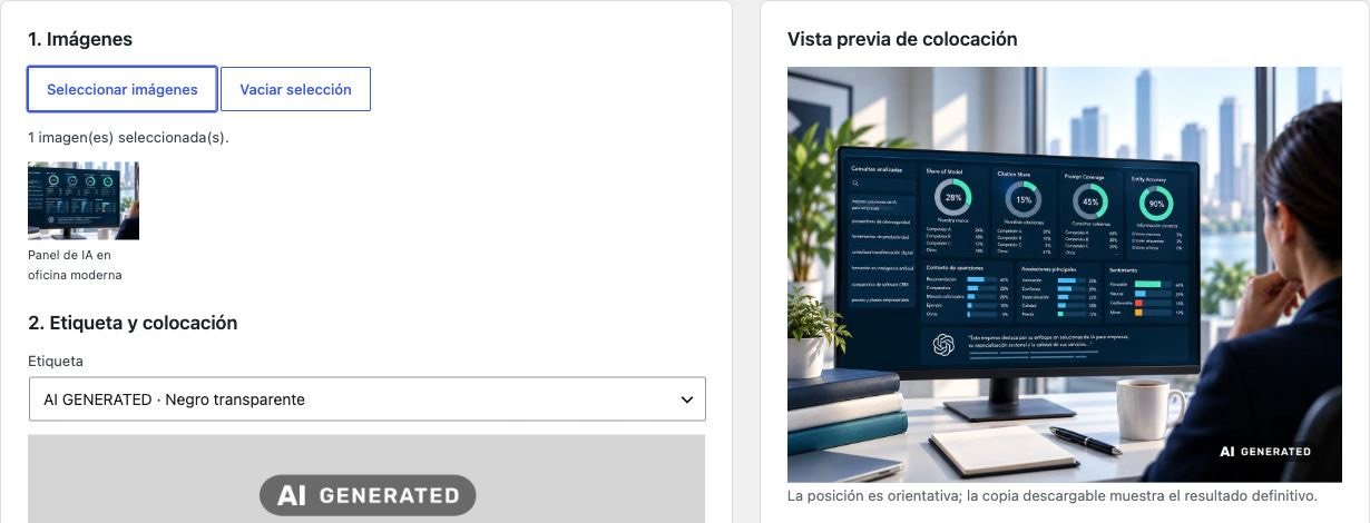 Panel de Watermarking by The Intelligence en WordPress con controles de etiquetado y vista previa de una imagen identificada como AI GENERATED.